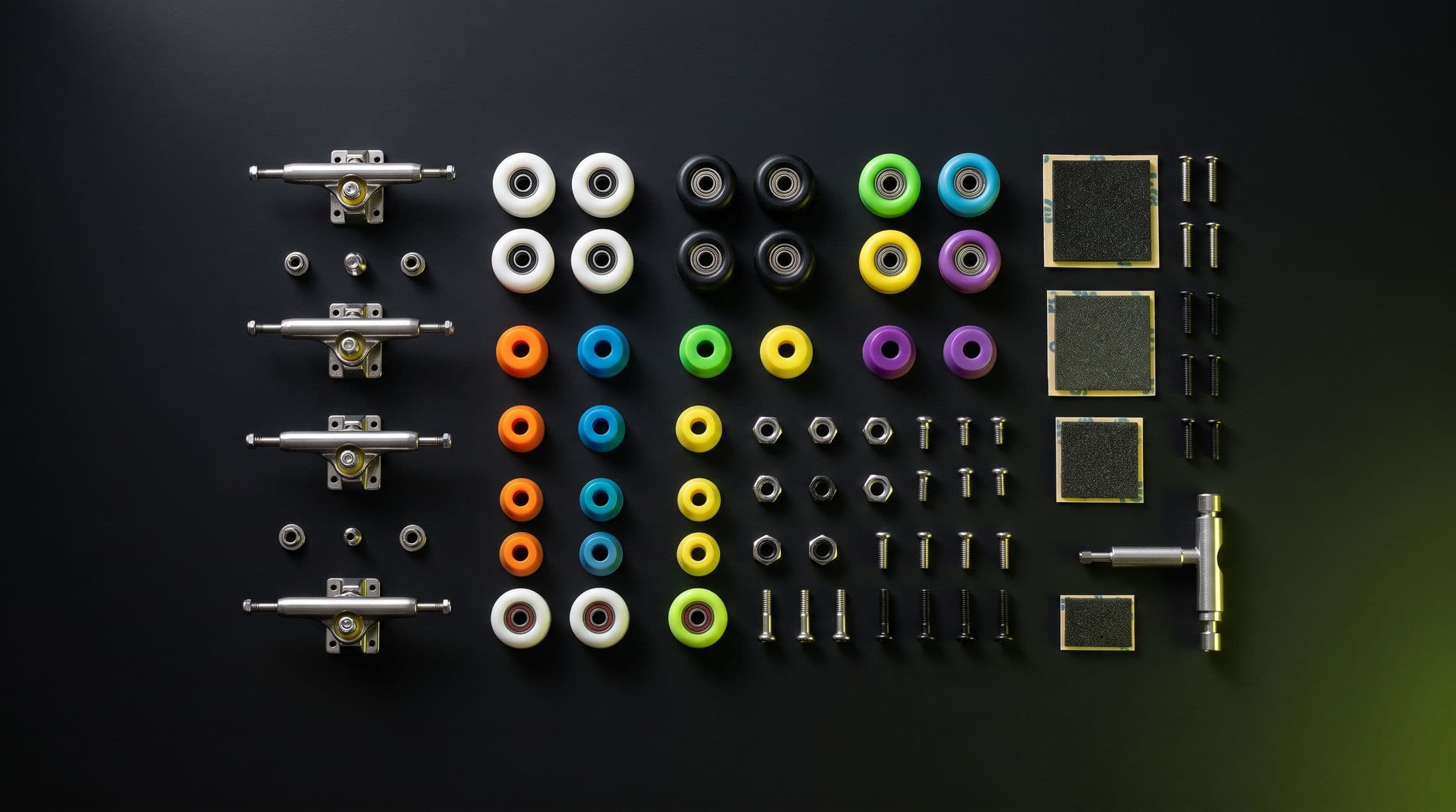 Fingerboard hardware — trucks, wheels, bushings and tools