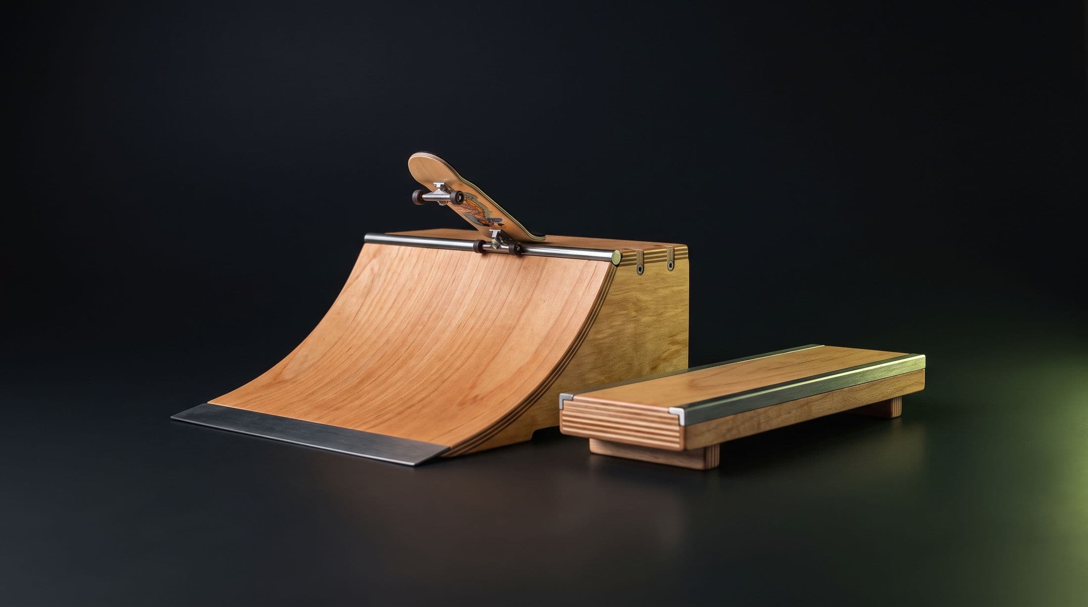 Wooden fingerboard ramp and rail obstacles