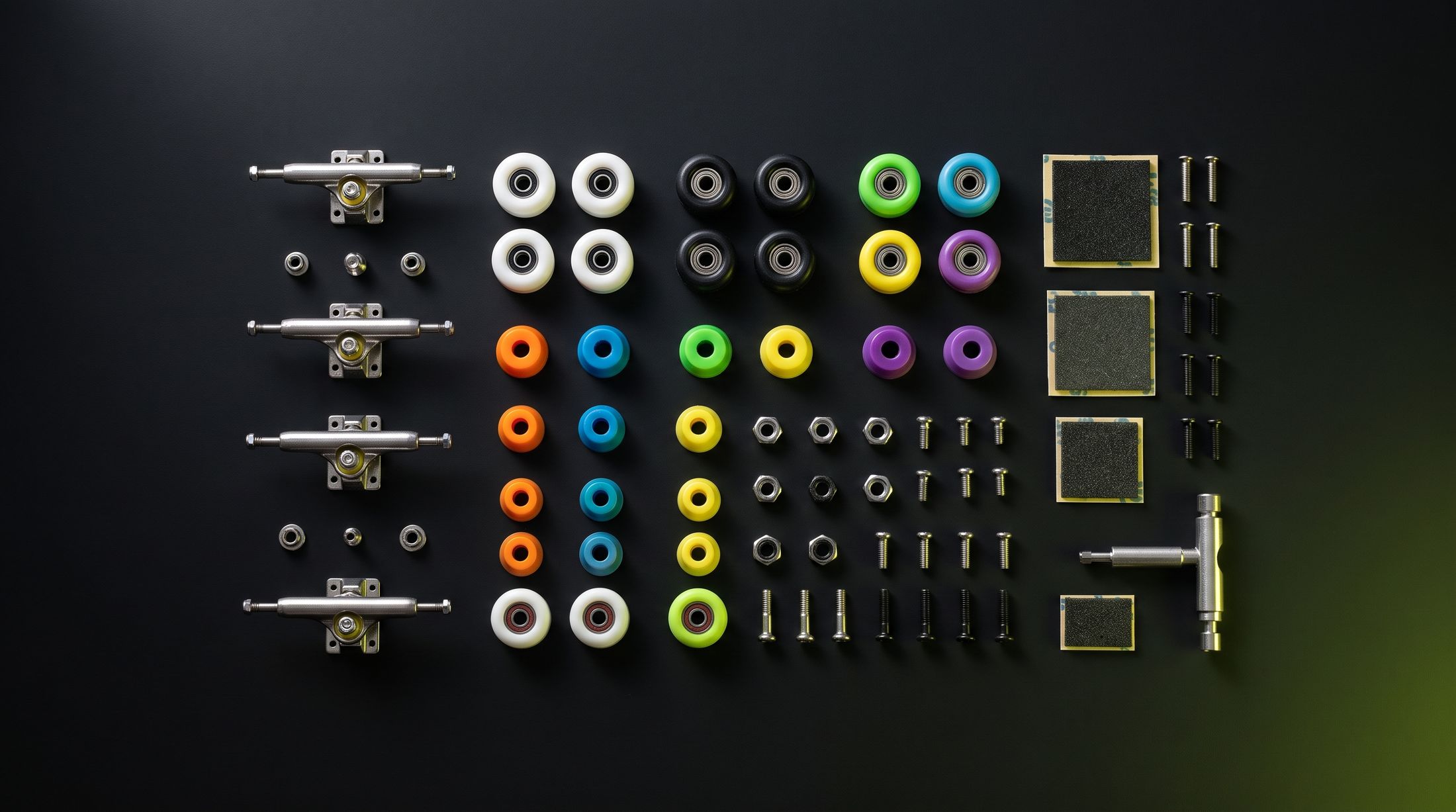 Fingerboard hardware — trucks, wheels, bushings and tools